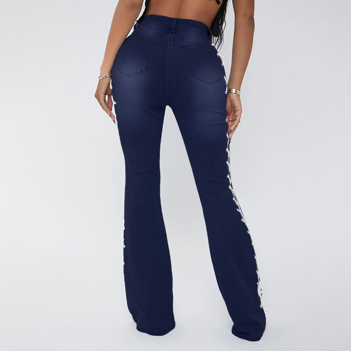 Plus Size High Slit Strappy Flared Jeans NSWL97564