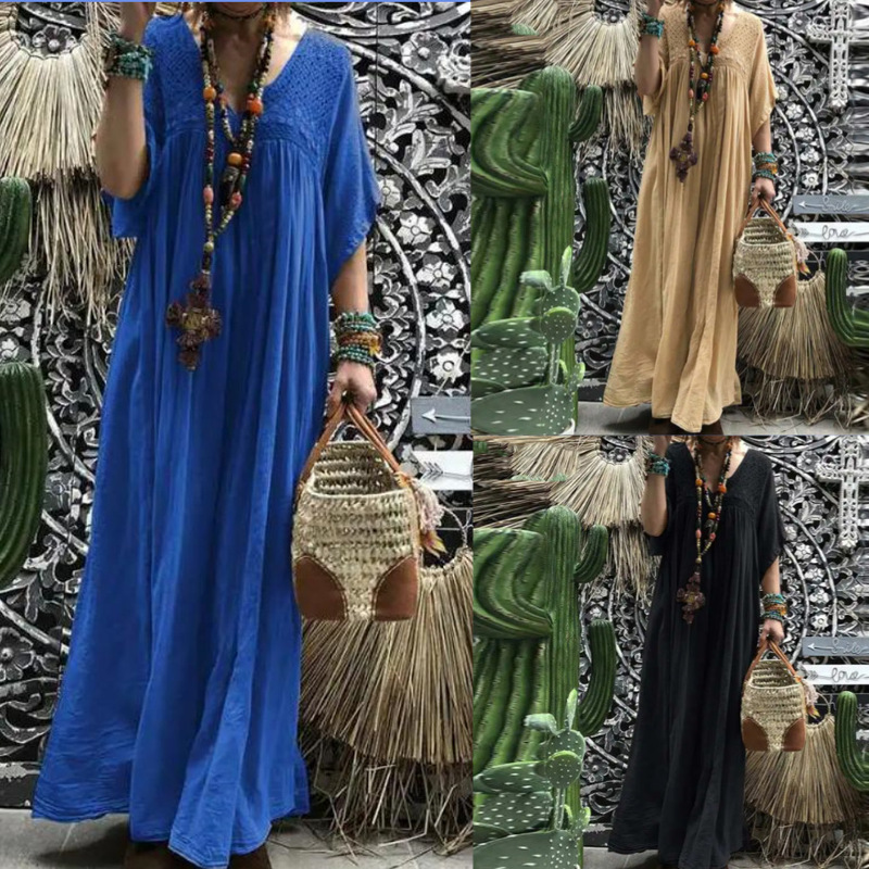 European and American cross-border 2024 extra long dress women's lace crocheted summer V-neck bell sleeve solid color vest dress
