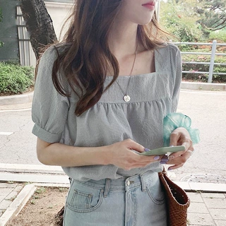 方领短袖衬衫女夏新款日系甜美小清新小格子锁骨心机上衣