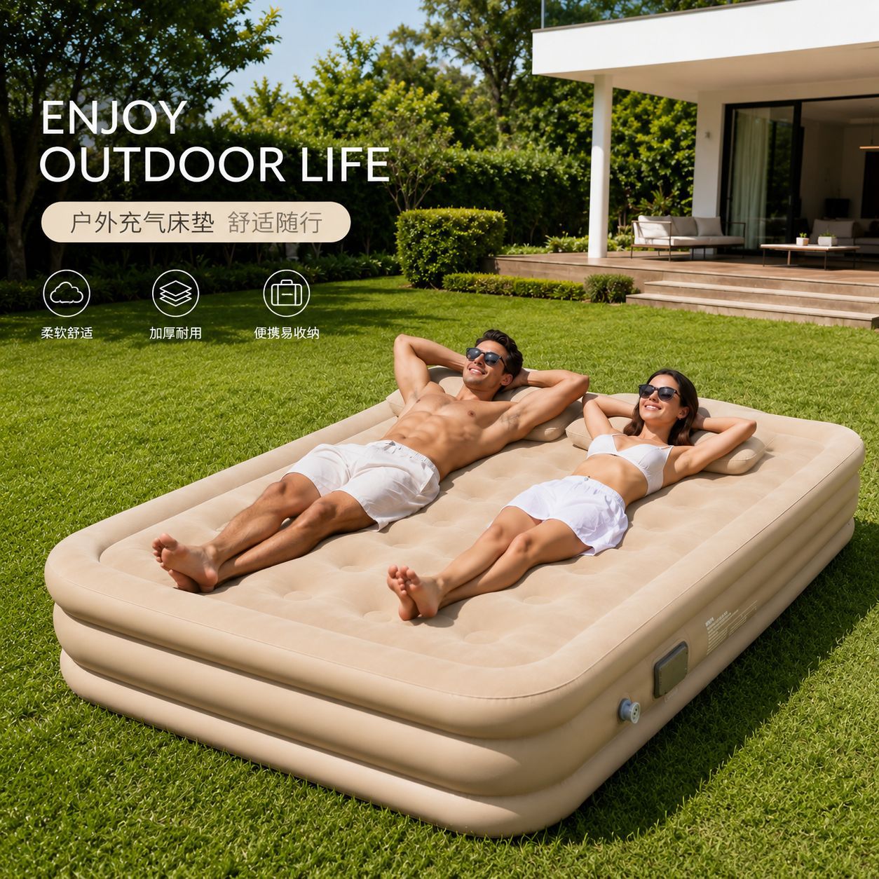 Outdoor Inflatable Mattress Camping Tent Inflatable Pad Thickened Automatic Inflatable Bed for Nap Time on the Ground with Built-In Pump for Deflation
