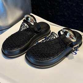 2024年夏季新款法式复古网面编织镂空平底包头拖鞋圆头外穿凉鞋女