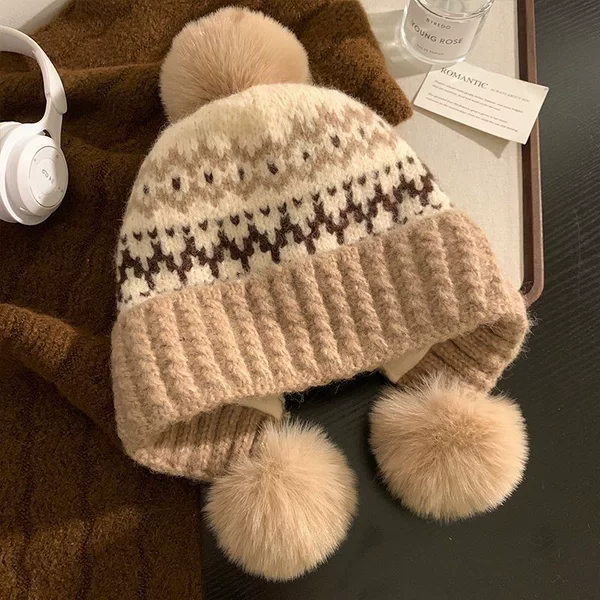 Knitted three-ball Fair Isle style winter hat, fleece-lined and thickened for warmth, ear-covering, cold-resistant, and slimming effect