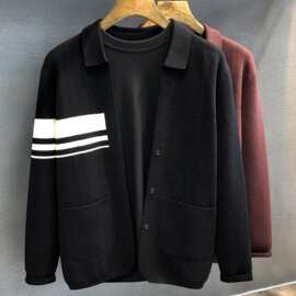 陆家嘴高货三条杠撞色设计开衫毛衣男款针织衫2025秋季休闲外套男
