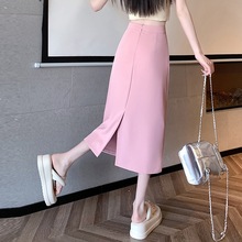 粉色西装半身裙女夏季中长款高腰垂感直筒a字后开叉包臀一步裙子