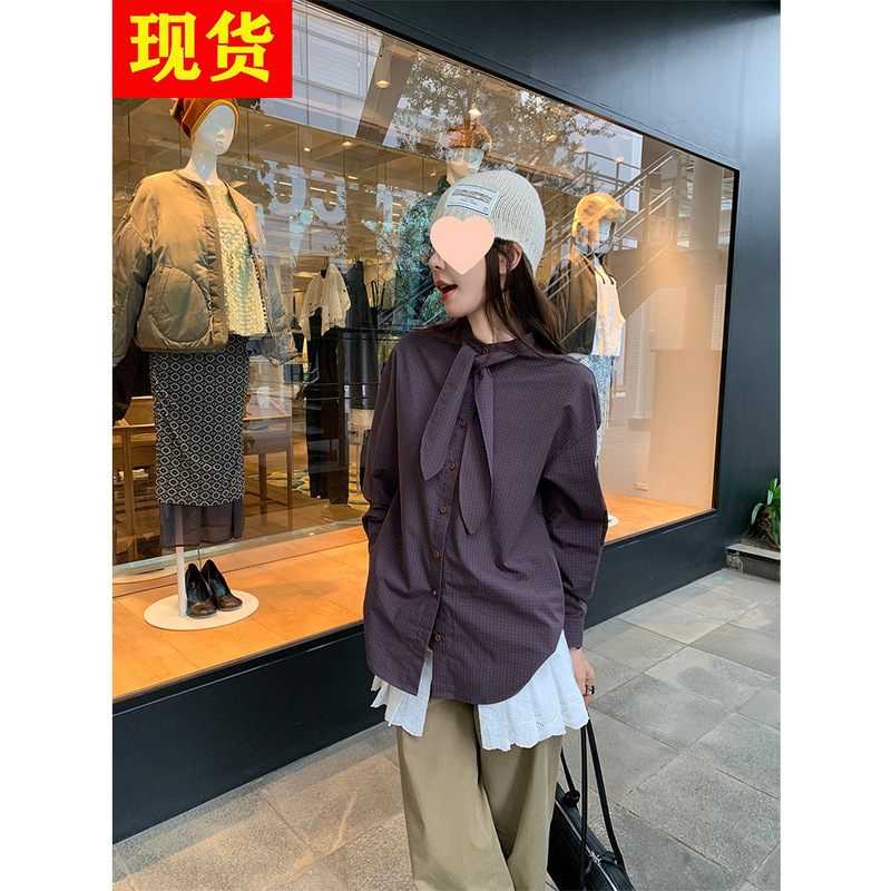 Le Rouge Zhou Meimei [New Product at 8Pm on the 10Th] Rabbit Ear Strap Dark Purple Plaid Lapel Shirt