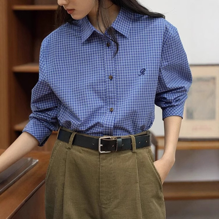Haiyan Diary with Cotton Yarn-dyed Korean Style Vintage All-match MIU Style Blue Plaid Shirt