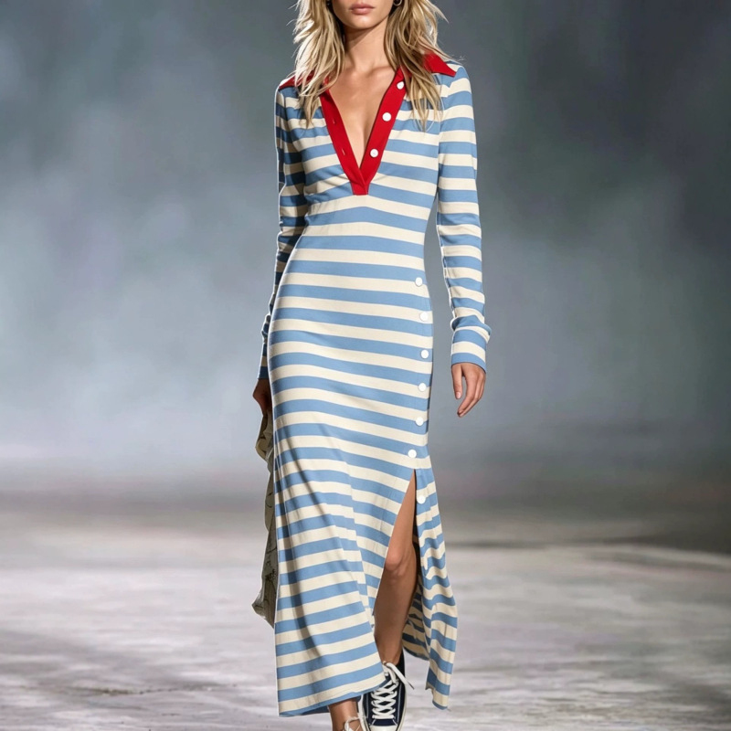 2026 Autumn/Winter New Women's Dress European and American Cross-Border Knitted Polo Collar Half-Button Casual Long Dress 2026 Autumn/Winter New Women's Dress European and American Cross-Border Knitted Polo Collar Half-Button Casual Long Dress