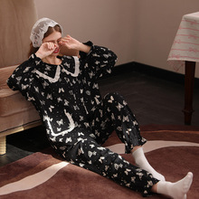 柔善黑色睡衣女纯棉2025新款长袖甜美蕾丝花边家居服套装可外穿