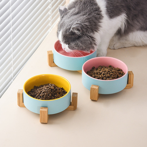 Cat bowl ceramic matte interior and exterior two-color wooden frame pet bowl double bowl cat rice bowl food bowl grain basin water bowl cat and dog food utensils