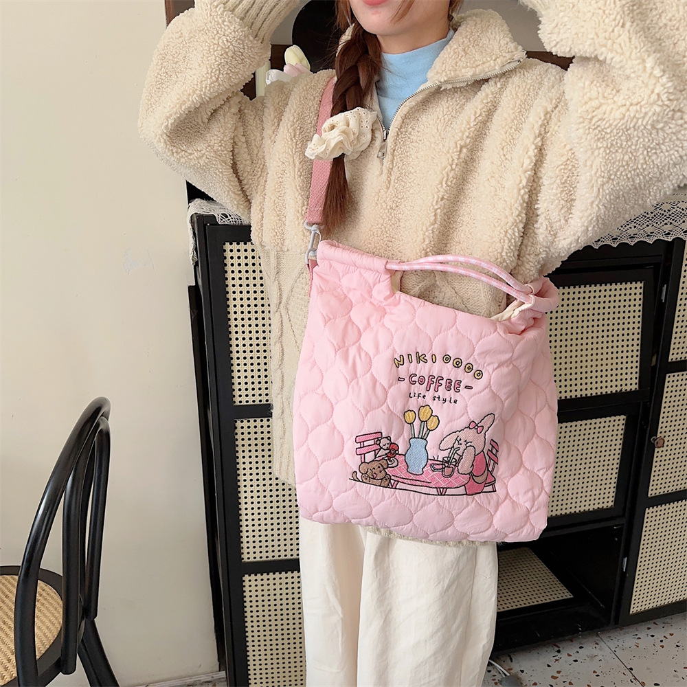 31223 Quilted soft crossbody bag, large capacity hand-held shoulder bag, cartoon embroidered little rabbit student handbag undefined