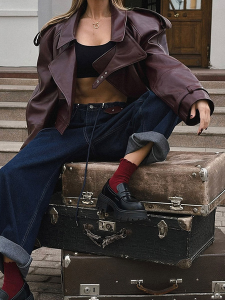 demi-season burgundy polyurethane retro jacket