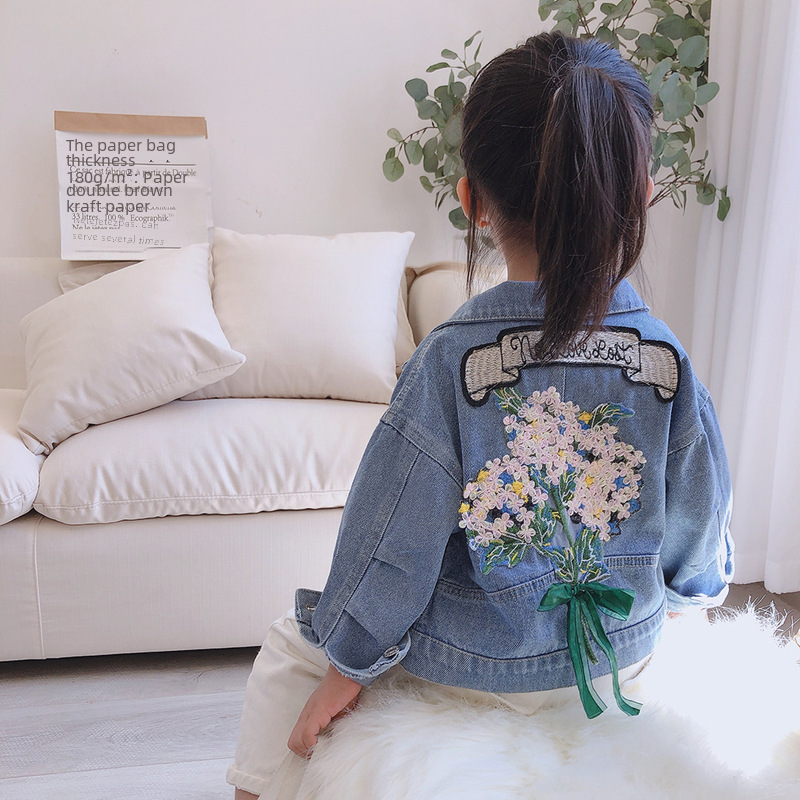 2024 Spring and Autumn New Girls' Cute Comfortable Retro Flower Denim Jacket Children's Personality Stylish Jacket