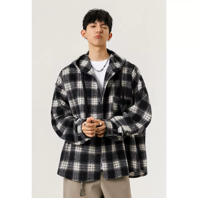 美式复古格子衬衫男秋季潮牌设计感连帽衬衣高街休闲百搭情侣外套