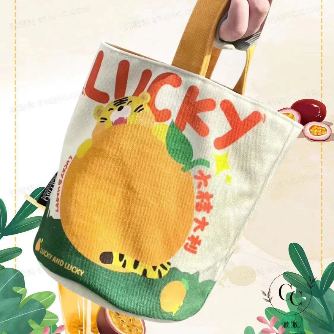 Nuevo tipo de bolso de lona gran impresión naranja italiana bolso de mano pequeño bolso de mano taza de bento para salir bolso pequeño lindo