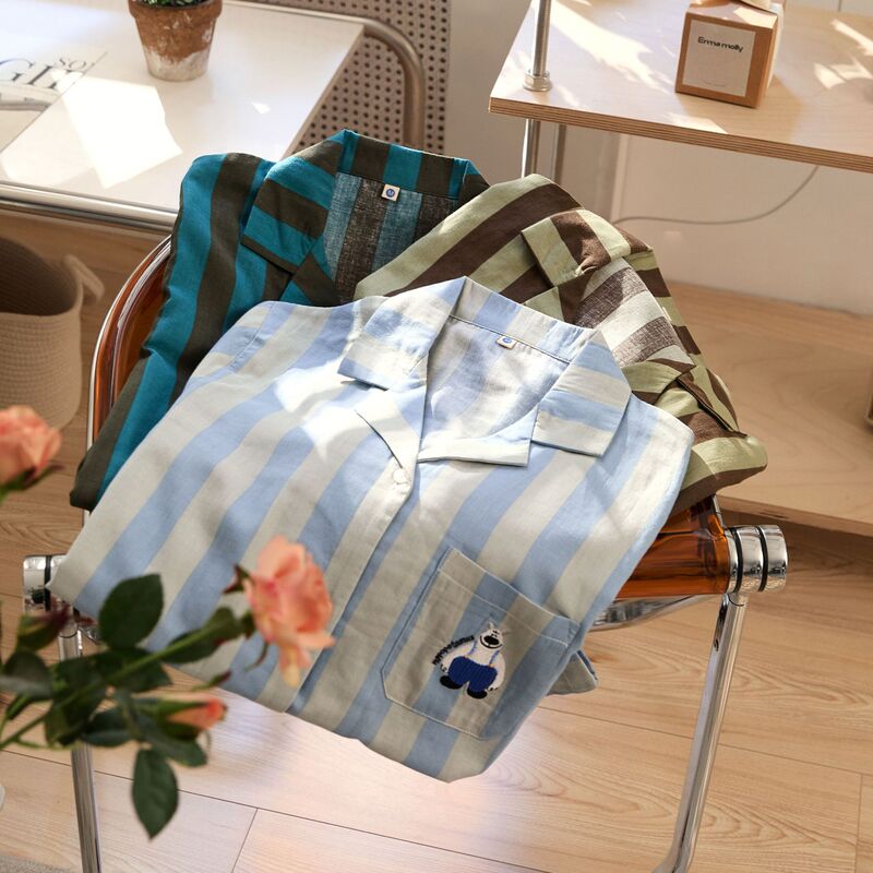 Simple striped embroidered men's and women's same double-layer yarn short-sleeved cotton home wear can be worn outside couple pajamas women's summer