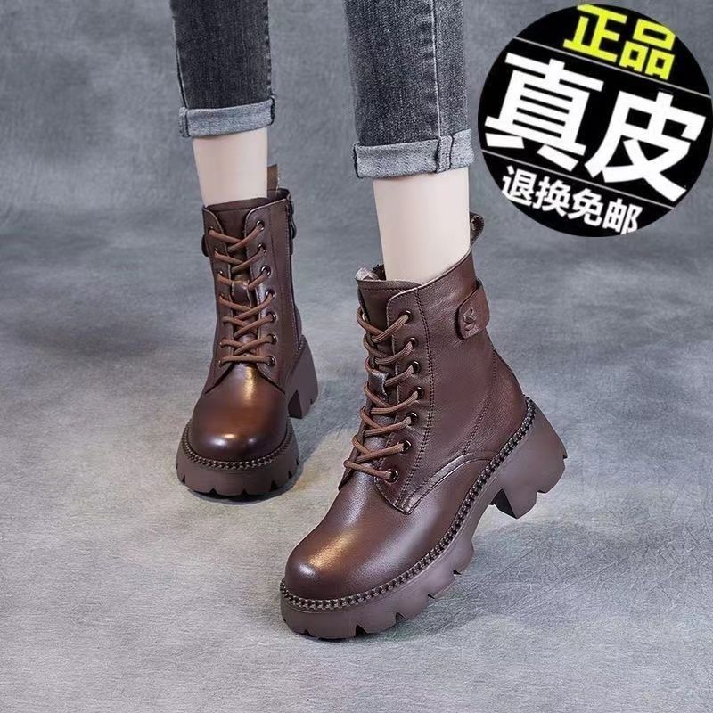 靴女马丁加绒皮厚底新款2025英伦秋冬复古炸街增高短靴靴子