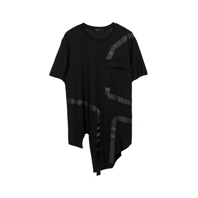 Dark Asymmetrical Cut Long Round Neck Short-Sleeved T-Shirt Men's Trendyy Street Design Webbing Splicing Top t