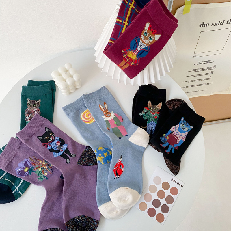 Korean designer cute kitten socks women's AB mid-barrel spring new squirrel rabbit INS personalized stockings