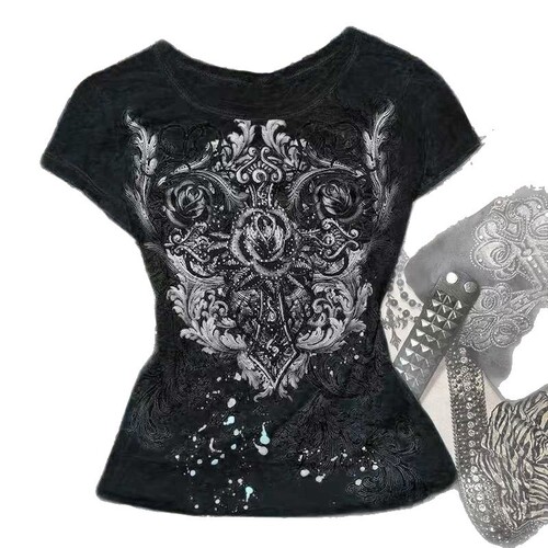 2026 summer cross-border INS trend European and American cross-border dark Y2K fashionable Gothic pattern printed women's short-sleeved T-shirt