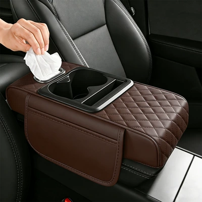Pad, Car Tissue Box, Car | Armrest box pad - brown-coffee-color-upgraded-model-with-tissue-box