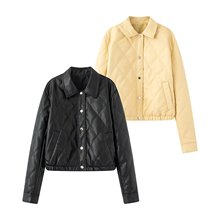 外贸女装2025冬季欧美风翻领长袖单排扣菱格PU棉衣外套女F825132F