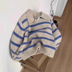 蓝色条纹polo翻领长袖欧货小众软糯针织衫毛衣女秋冬慵懒套头上衣