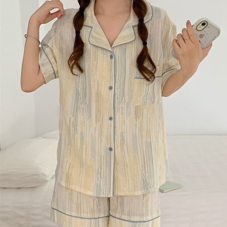 Burbujas arrugadas pantalones cortos de manga corta pijamas femeninos coreanos 2026 nuevo conjunto de dos piezas de dibujos animados adorables ropa doméstica de niña en vivo image 3
