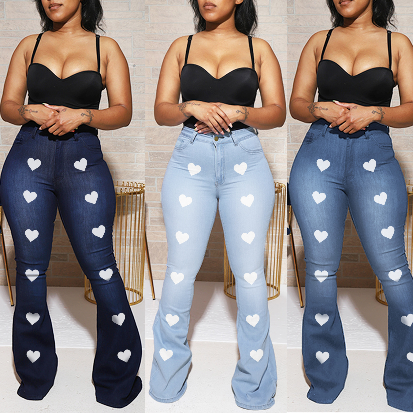 Jeans acampanados ajustados estampados de cintura alta de talla grande NSWL116079