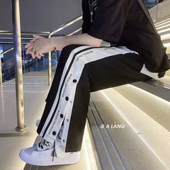 ボタンのズボンの男性の夏の薄いボタンのスポーツのズボンのカジュアルなズボンの高い街のvibeのゆったりしている組み合わせのファッションのズボンの男性
