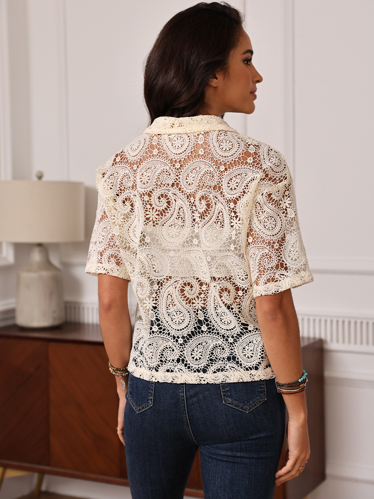 Comercio exterior de Europa y América ropa de mujer de verano nicho de encaje diseño camisa de manga corta temperamento francés camisa versátil image 6