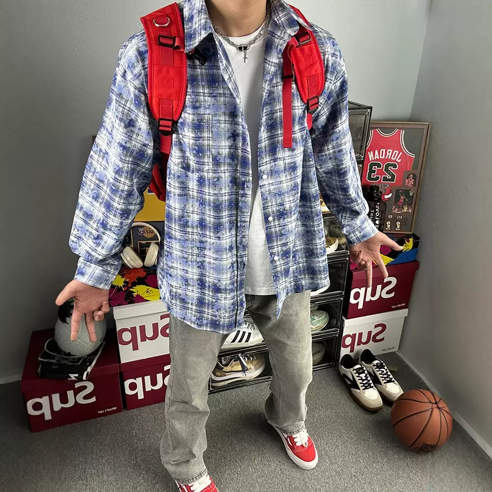扎染格子衬衫男高级感痞帅春秋美式高街外套cleanfit格纹长袖衬衣