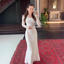 亚马逊外贸2025年秋季欧美女装花边领长袖蕾丝修身显瘦蕾丝连衣裙