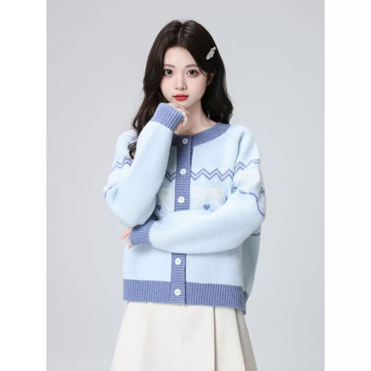 Blue Fair Isle sweater coat for women, autumn/winter 2026, new style, thickened, loose-fitting, round-neck knitted cardigan, short top
