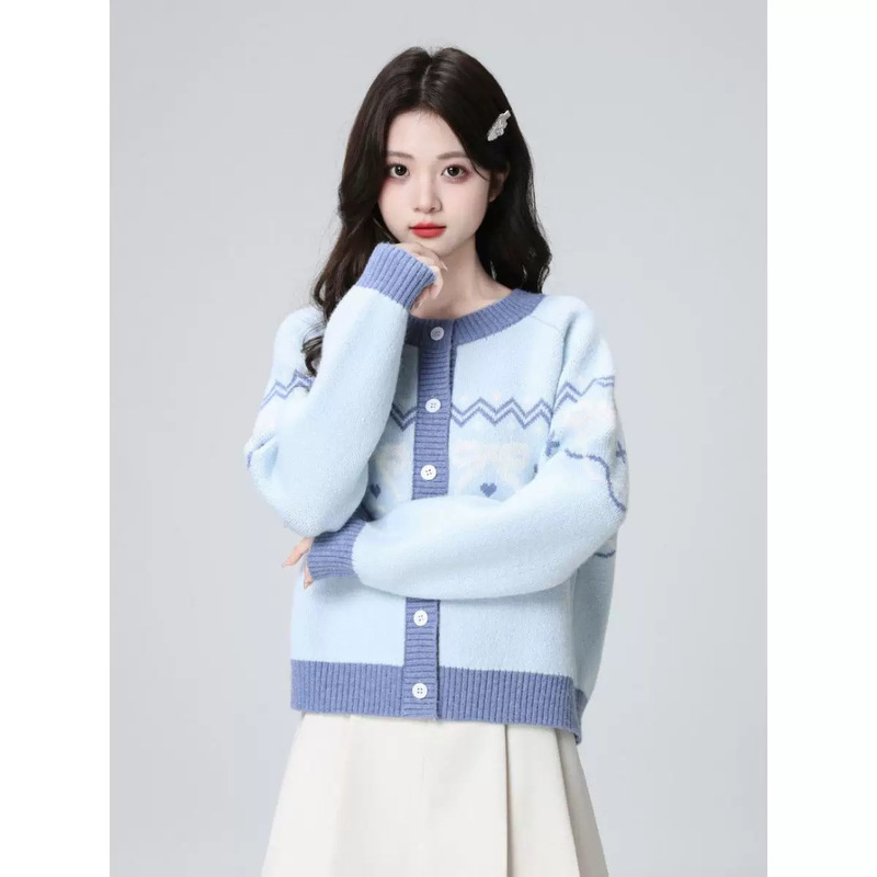 Blue Fair Isle sweater coat for women, autumn/winter 2026, new style, thickened, loose-fitting, round-neck knitted cardigan, short top