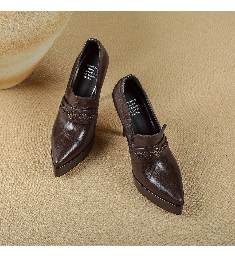 Giày cao gót mũi nhọn phong cách Pháp cổ điển, đế platform dày, gót nhọn 9 cm, không mỏi chân — màu nâu, màu đen chi tiết 17