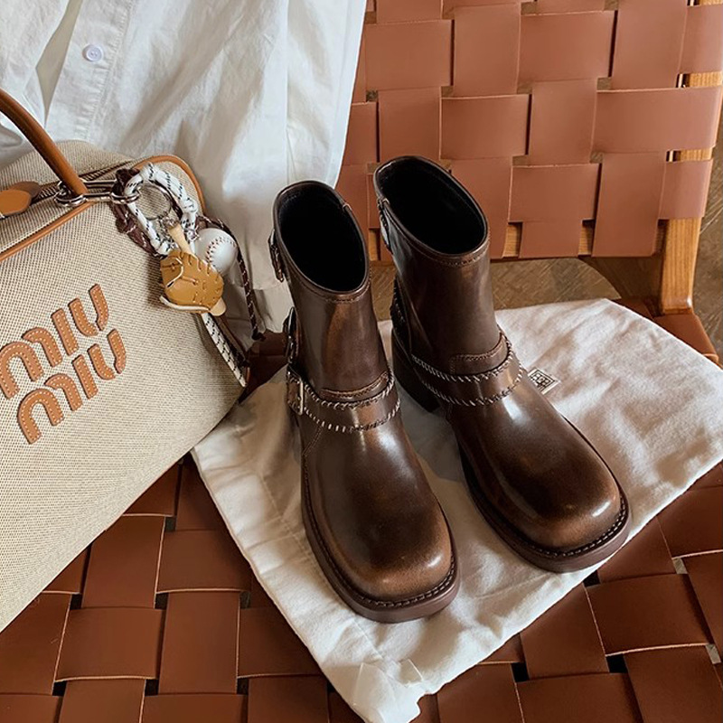 Grava madre nuevo retro abrazadera de cinturón de polvo de color viejo tacones gruesos locomotora británico botas cortas nuevas mujeres