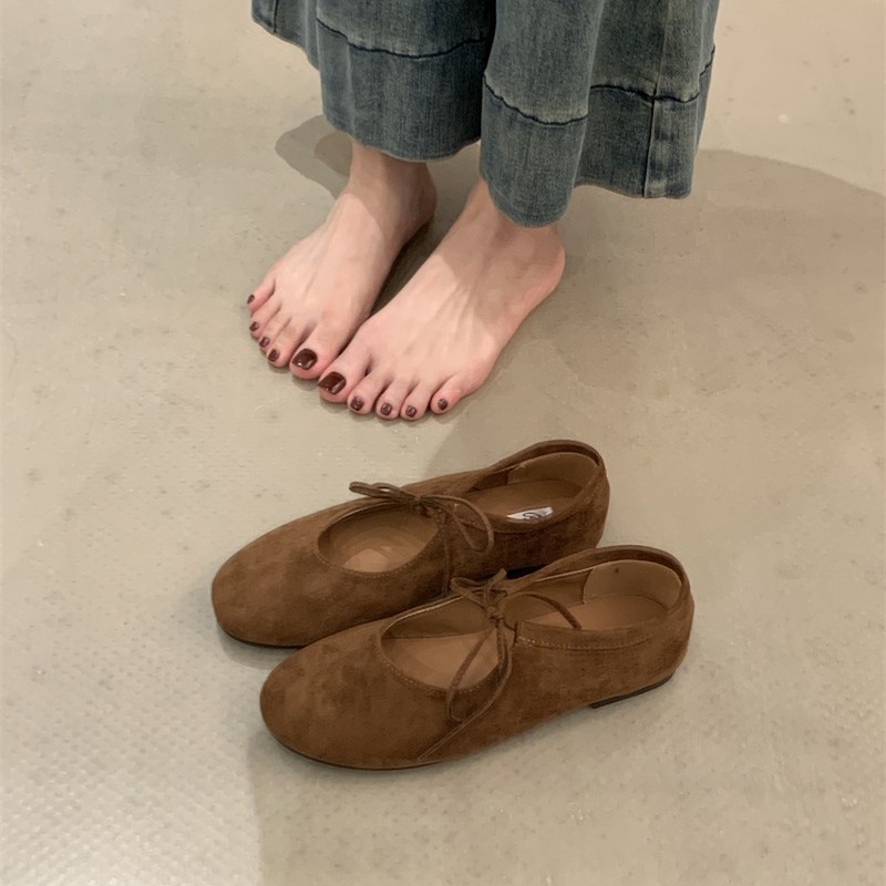 圆头绑带绒面平底芭蕾浅口软底久站通勤小单鞋新款玛丽珍瓢鞋|undefined