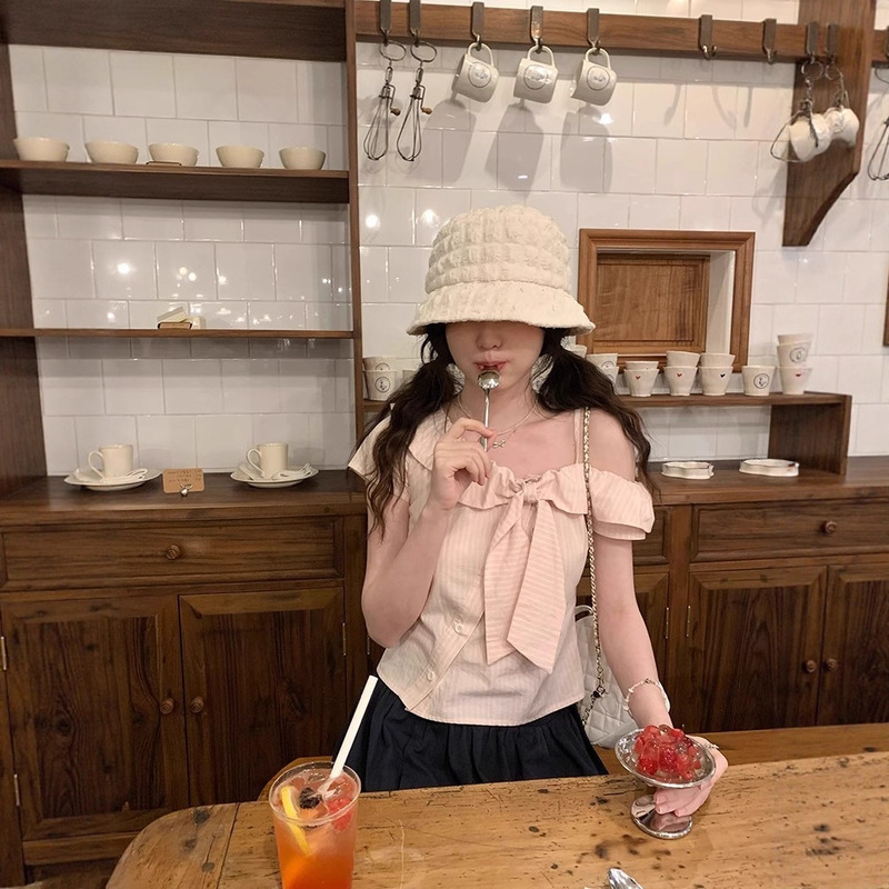 PtonUmi 樱花盐汽水 粉色条纹露肩短袖衬衫女夏季蝴蝶结短袖上衣|undefined