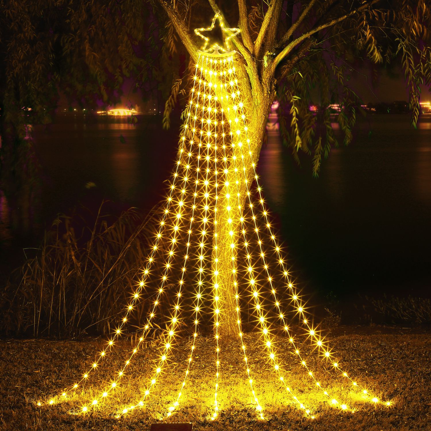 New Five-Pointed Star Waterfall Lamp, Christmas Star Outdoor Waterproof Solar Lamp, Remote Control Flowing Water Decorative Lamp, LED String Lights