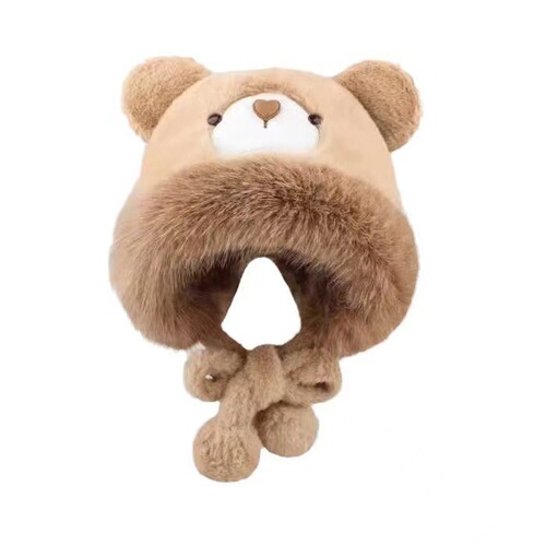 Plush Teddy Bear Hat for Girls - Autumn/Winter, Cute, Face-Smoothing, Windproof, Warm, Ear-Protecting, Versatile Pull-Over Hat