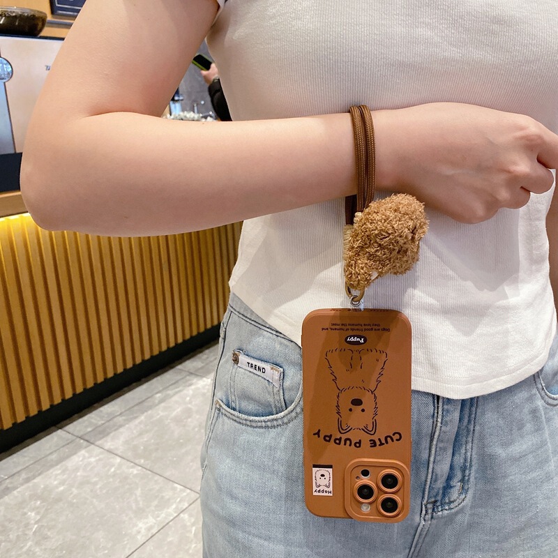 Cute Brown Dog Phone Case for Samsung A55 Cartoon Animal S24ultra Autumn and Winter Plush Bracelet