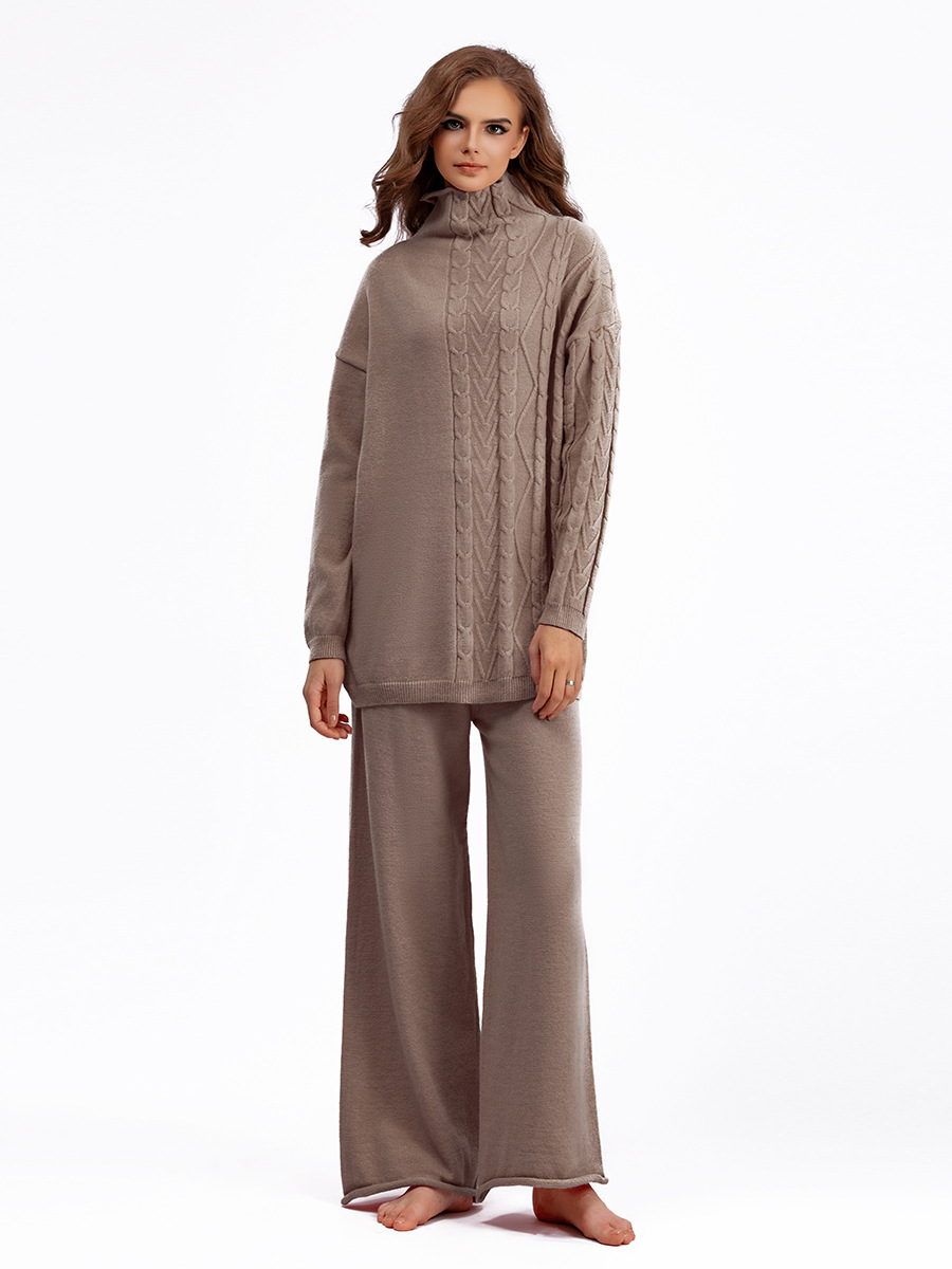 Damenbekleidung Herbst und Winter große Größe Rollkragenanzug Mode neue sanfte faule Stil Pullover zweiteiliges Set einfarbig gestrickt_voghion.com