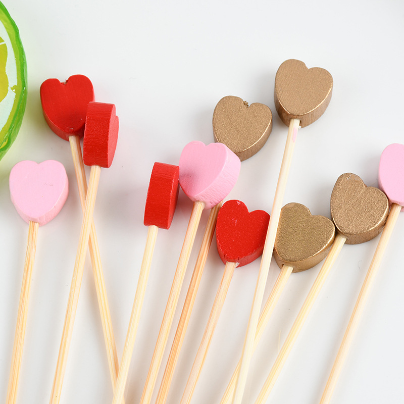 Tenedor de fruta de amor desechable palo de bambú palo de vino de hamburguesas de lujo decoración de pastel de fruta tenedor de palo de bambú creativo al por mayor