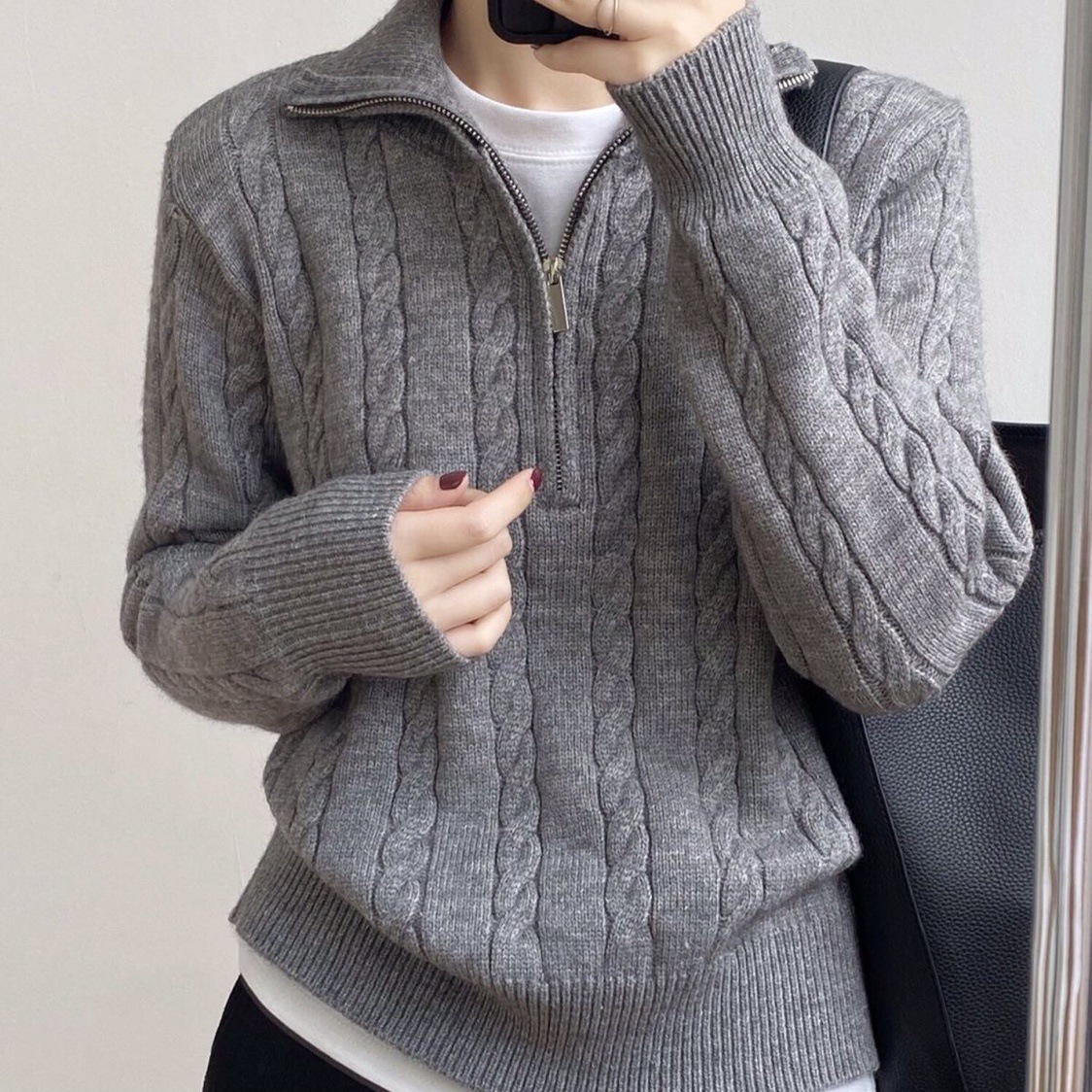 Women's Clothing autumn and winter soft and sticky knitted tops for women retro twist half zipper lazy versatile short sweater jacket_voghion.com