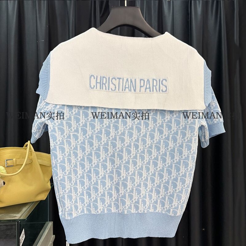 Light Luxury Chanel-Style Short-Sleeve Ice Silk Knit Top for Women, Thin Summer New Model with Elegant Design and High-End Feel, Navy Collar Blouse Light Luxury Chanel-Style Short-Sleeve Ice Silk Knit Top for Women, Thin Summer New Model with Elegant Design and High-End Feel, Navy Collar Blouse