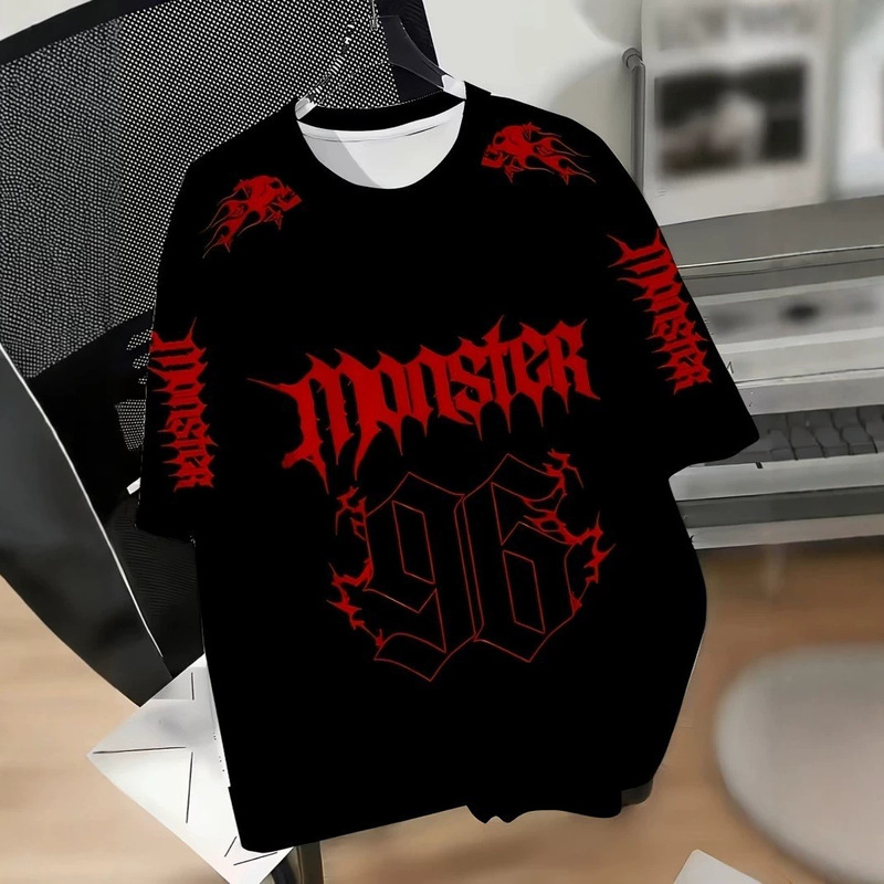 Men's Trendy Gothic Style Flame Number 96 Print Short Sleeve T-Shirt Suitable for Friend Gatherings and Daily Casual Wear Men's Trendy Gothic Style Flame Number 96 Print Short Sleeve T-Shirt Suitable for Friend Gatherings and Daily Casual Wear