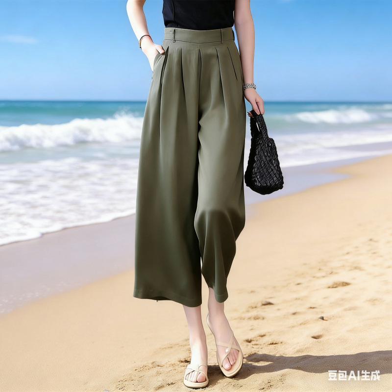 Linen Culottes Wide-Leg Pants for Women, Summer Thin High-Waisted Petite Women's Cropped Pants, Loose Slimming Wide-Leg Pants