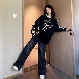 黑色国潮牌三条杆圆领卫衣女秋冬美式复古oversize宽松慵懒风上衣