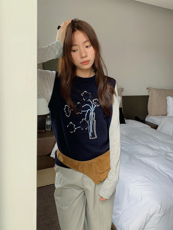 苏奈 甜美立体小花35%羊毛马甲女秋季休闲叠穿百搭上衣tableblue|undefined