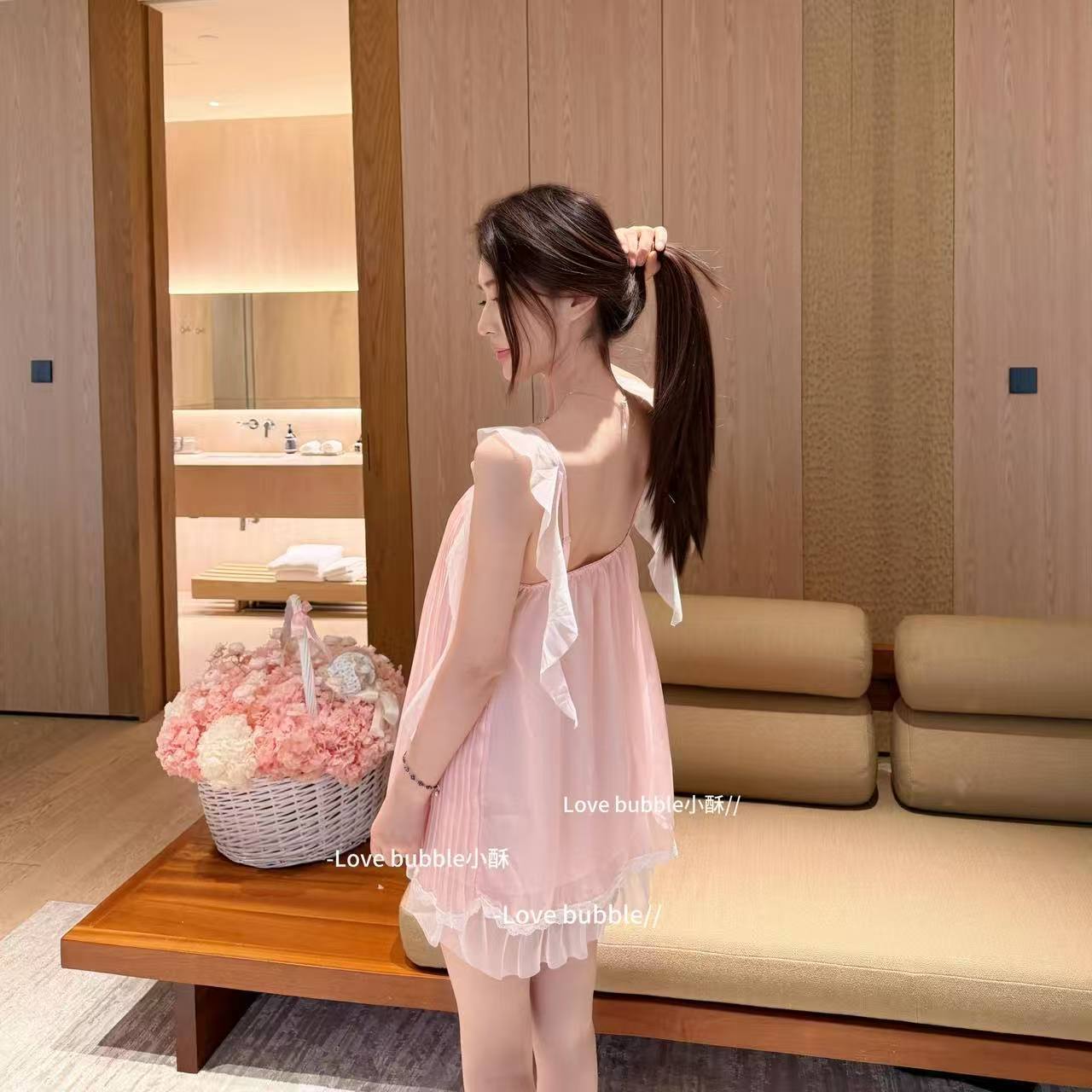 Women’s Sheer Chiffon Babydoll Pajama Dress with Built-in Bra, Light Purple — detail image 2